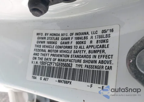 2016 Honda Civic Ex from USA, damaged, VIN 19XFC2F71GE056063